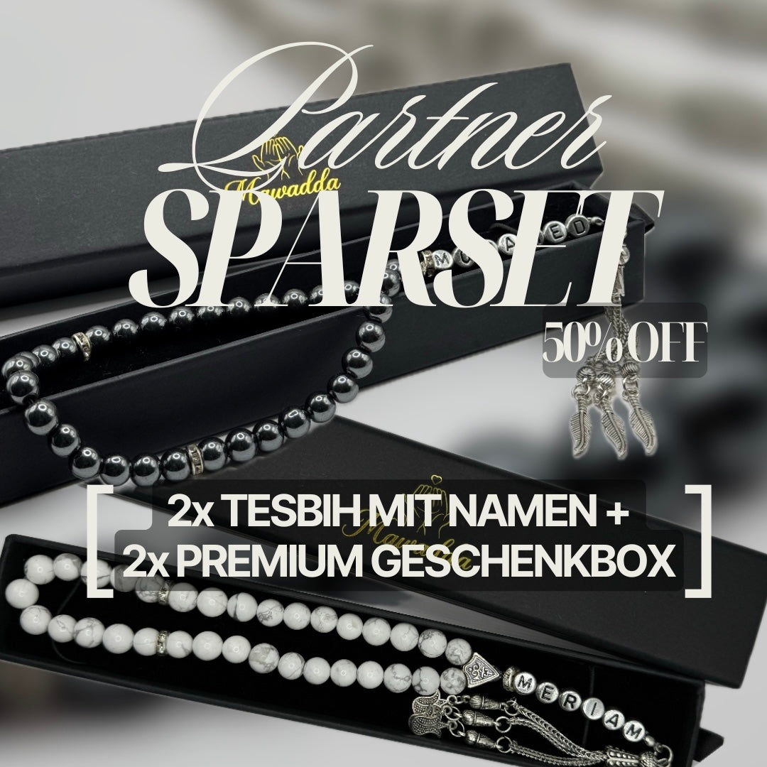 Partner Sparset - 2x Tesbih mit Namen + 2x Premium Geschenkbox