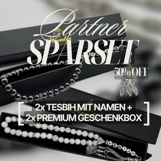 Partner Sparset - 2x Tesbih mit Namen + 2x Premium Geschenkbox