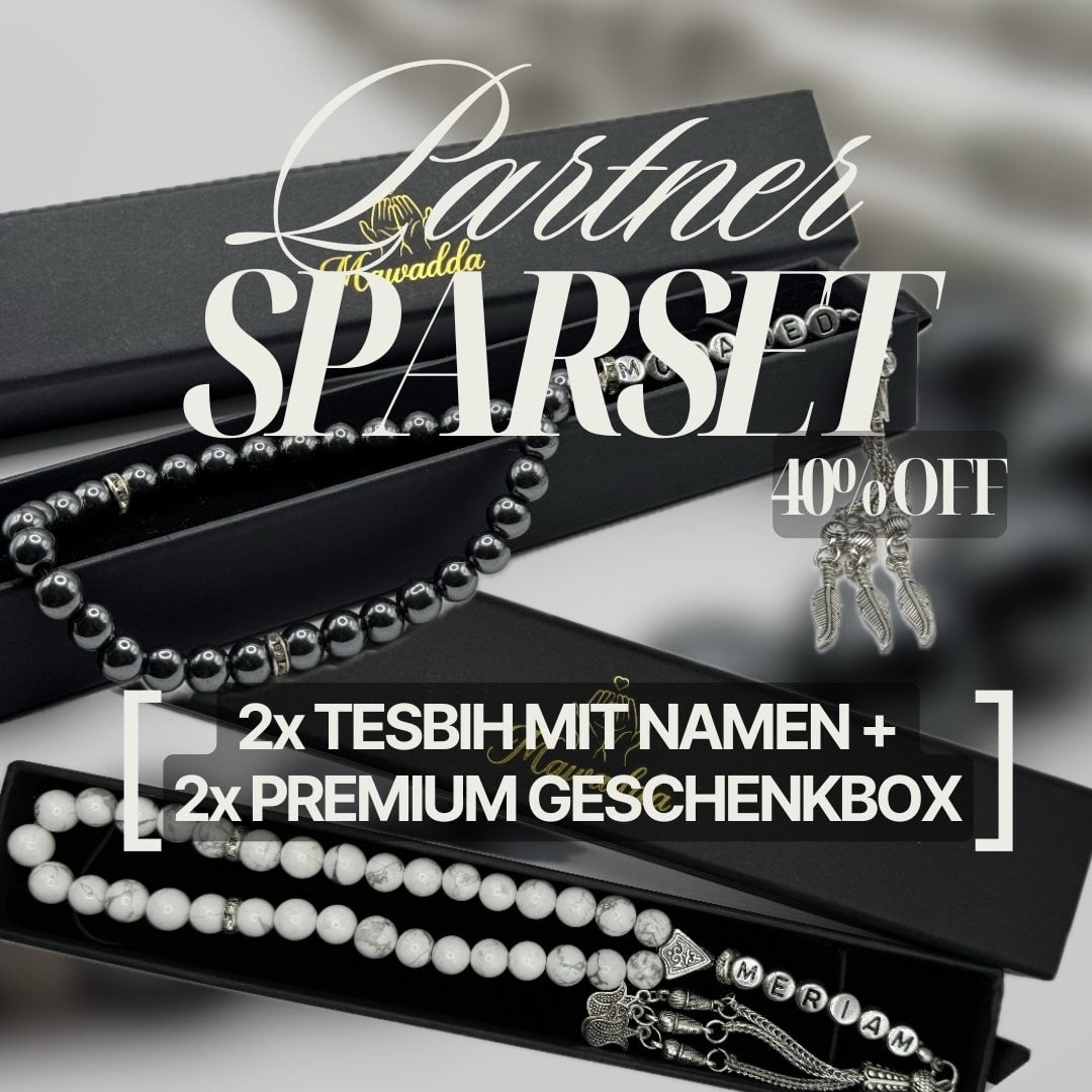 Partner Sparset - 2x Tesbih mit Namen + 2x Premium Geschenkbox